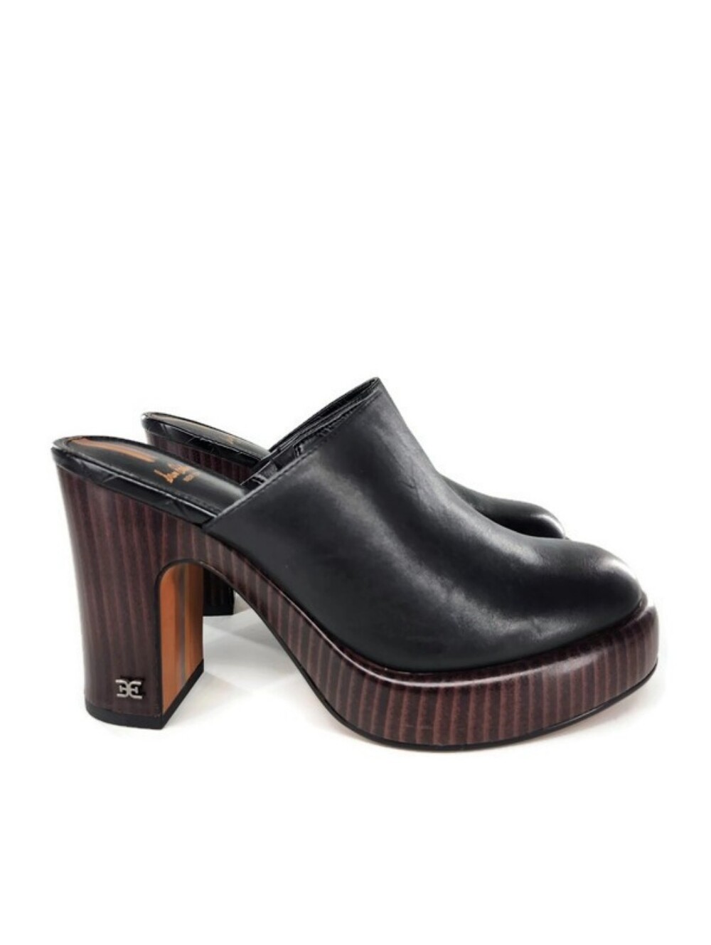 Sam Edelman Shiloh Black Leather Wood Look Block High Heel Platform Mule Clogs - Picture 3 of 11